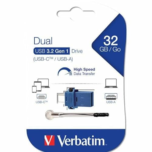 VERBATIM Clé USB double Store 'n' Go I USB 3.2 Gen 1 & USB-C I 32 Go I Clé USB 2 en 1 I USB-C/USB-A I stockage externe pour Smartphone Ordinateur portable... I Clé de données I bleu/noir