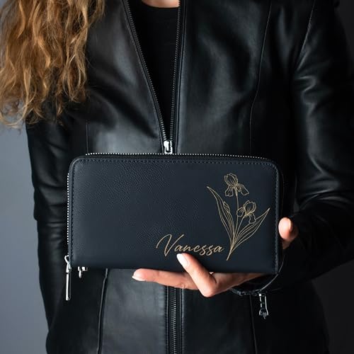 Personalized Women's Wallet with Name & Birth Flower - Customized Wristlet Wallet, Custom Engraved Bifold, 11 Card Slots, Zipper Coin Pocket - Black - Gift for Her, Wife, Mom, Daughter4