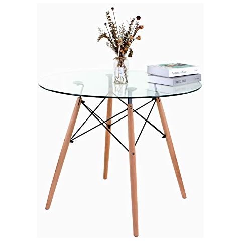 JEFFORDOUTLET Round Dining Table, 90 cm Safe Clear Glass Kitchen Table, Retro Wooden Leg Dining Room Furniture Cover