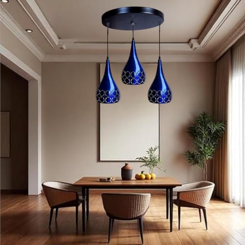 Image of GreyWings 3 Light Hanging Light for Home, Blue Aluminium Pendant Light with E27 Holder, Modern Ceiling Hanging Lamp for, Bulb Not Included, Cluster Set