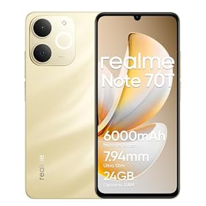 realme Note 70T Smartphone 4+256 GB, Batteria da 6000 mAh, Ricarica rapida da 15 W con supporto alla ricarica inversa da 6 W, RAM dinamica da 24 GB, display da 90 Hz con protezione per gli occhi, oro