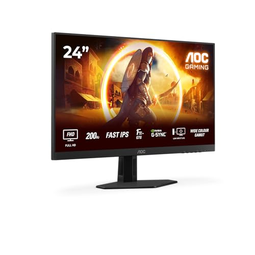 AOC Gaming 24G4HRE - Monitor Full HD da 24 pollici, 200 Hz, 1 ms, compensazione S-sync, HDR10 1920x1080, 2x HDMI 2.0, DisplayPort 1.4 nero-rosso, 24 Inch FHD Fast IPS, Supporto fisso - Altoparlanti
