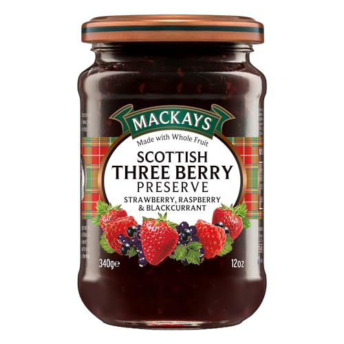 Mackays Scottish Three Berry Preserve Jam 340 gm | Imported from Scotland | Made with Whole Fruits | Vegan | Gluten-Free | No Artificial Colors or Preservatives