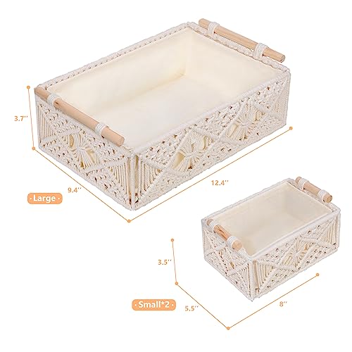 ANMINY 3PCS Macrame Storage Baskets for Organizing Boho Decor Baskets Storage Bins with Wood Handles Handmade Decorative Storage Boxes with Removable Liner Toilet Tank Bathroom Self Basket Organizer