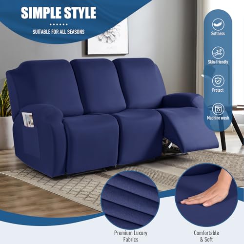 Image of TAOCOCO Recliner Sofa Slipcover, 3 Pieces Polyester Fabric Stretch Sofa Covers for 3 Seat Reclining Couch, Soft Washable Furniture Protector with Pockets (3 Seat, Dark Blue)