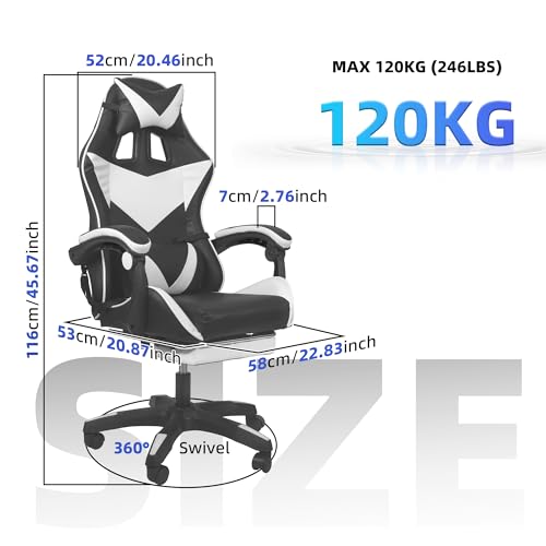Ergonomic Gaming Chair with Footrest - Adjustable Reclining Office Computer Desk Chair with Headrest, Lumbar Support, and Faux Leather Upholstery (Black+white) - Image 4