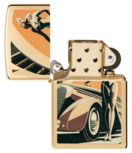 Encendedor Zippo Retro Carro y Chica Pin-up Latón Brillante miniatura 2