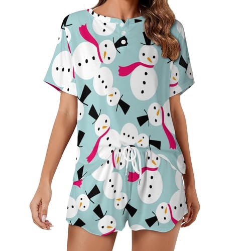 Pyjama femme manches courtes avec motif bonhomme de neige blanc fluide