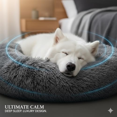Image of Luxury Plush Dog Bed Small Size for Dogs & Cats, Ultra Soft Calming Donut Pet Bed with Raised Rim and Anti-Slip Base, (Grey)