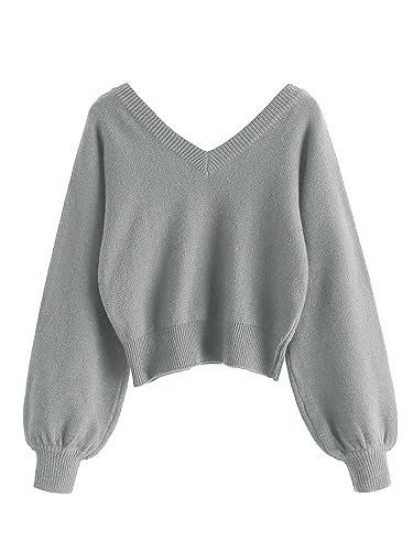 Image of ZAFUL Women's Cropped Sweater V-Neck Long Sleeve Pullover Jumper Knit Top | Crop Length, Ribbed Knit, Double V design, White sweater, Raglan sleeves, lantern sleeve, Fall & Winter, Loose fit, Oversized