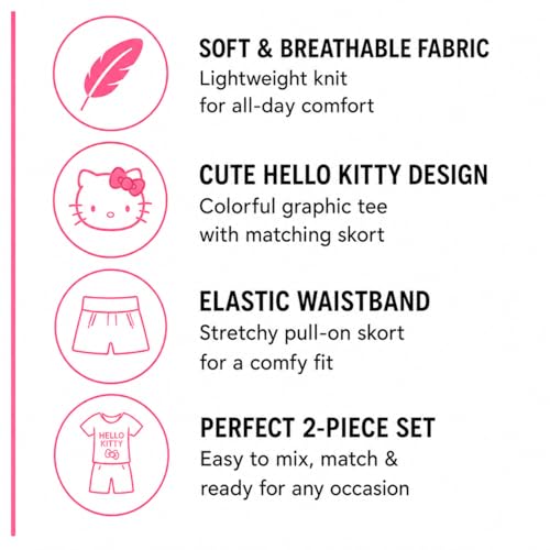 Image of Hello Kitty Girls Skort Set - 2 Piece Graphic Crewneck Top and Short Skort Cute Outfit Set (Sizes: 2T-12)