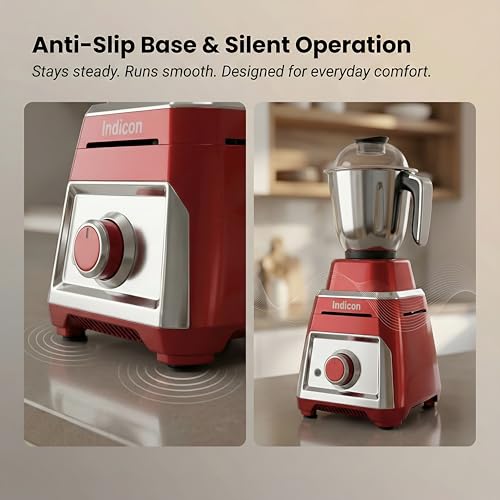 Image of indicon Thar 1HP (1000 Watts) Mixer Grinder, 3 Jars, Red | Heavy Duty Copper Motor for Grinding, Blending & Mixing | Stainless Steel Blades, Multi-Speed, Durable Kitchen Power Tool