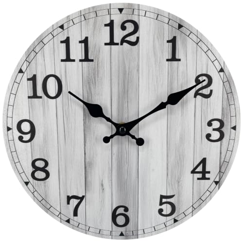 Image of 14 Inch Wall Clock Battery Operated, Wooden Rustic Boho Wall Clocks | Easy-to-read Number, Silent Non Ticking Analog Clock Decorative for Living Room Kitchen Bedroom Home Office Decor, Gray Clock