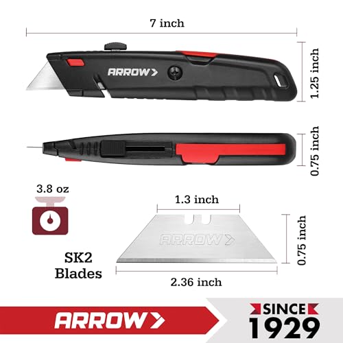 Image of ARROW Retractable Box Cutter, Quick Change Utility Knife with Blade Storage Design, Heavy Duty Aluminum Razor Knife, Twine Cutter, 3 Extra SK2 Blades Included (Pack of 4)
