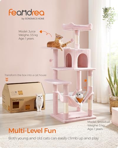 Image of Feandrea Cat Tree, 54.2-Inch Cat Tower, Plush Multi-Level Condo with 4 Scratching Posts, 2 Perches, Hammock, Cave, Jelly Pink UPCT161P01