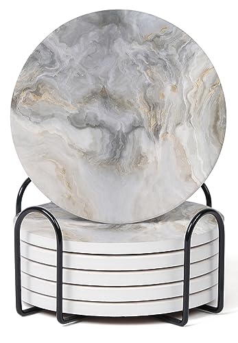 Image of Set of 6 Abstract Gray White Marble Coasters with Holder, Absorbent Ceramic Coasters for Drinks, Coasters with Cork Backing for Table Protection, Housewarming Gifts for New Home