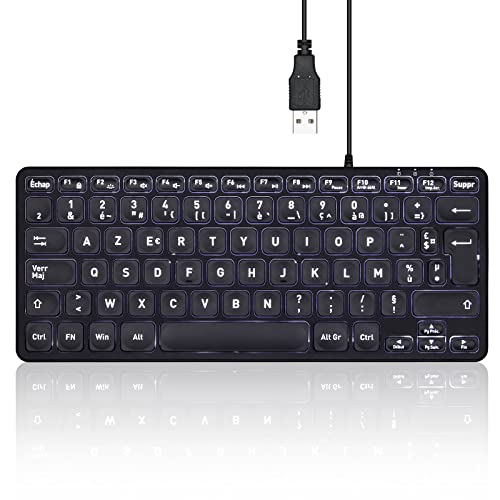 perixx PERIBOARD-332 Mini Clavier Rétroéclairé Filaire USB - Design Slim - avec Touches imprimées en Gras et en Grand - Eclairage LED Blanc - AZERTY Français