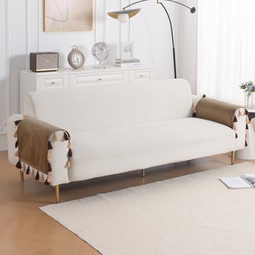 Image of HOKIPO Premium Holland Velvet Armrest Covers with Tassel for Sofa - 'TasselTone Series' (2 Pcs), Warm Taupe (IN-1102-BRN*2SM)