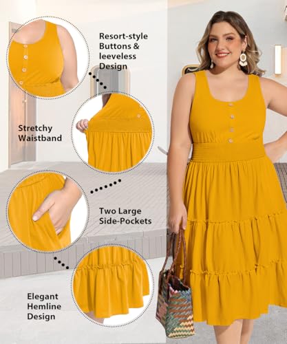 Image of RITERA Plus Size Summer Casual Dresses for Women Sleeveless Button Down Empire Waist Ruffle Tiered Swing Midi Dress XL-5XL