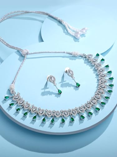 Image of ASMITTA Jewellery Green Stone Jewellery Set for Women American Diamond Necklace Set & Green Earrings for Women Stylish