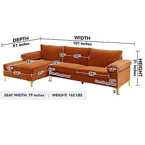 Modern Sectional Sofa L Shaped Velvet Couch, With Extra Wide Chaise Lounge And Gold Legs #TOP6