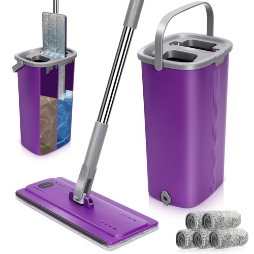 Masthome フロアモップ 洗浄脱水バケツ付き 360度回転 床拭きモップ 水拭き乾拭き お手軽床掃除 無手洗いモップセット 5枚マイクロファイバーモップパッド付き 138cm調整可能ハンドル 軽量で使いやすい