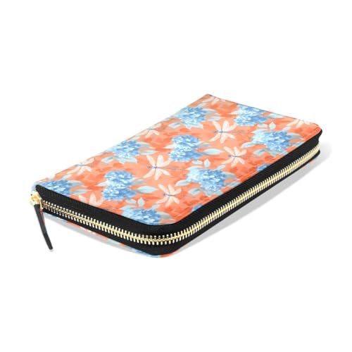 Long Wallets Leather Bifold Wallet for Women Blue Hydrangea Dragonfly with Zipper Credit Card Holder Large Capacity3