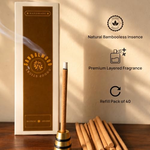 Image of Premium Sandalwood Chandan Dhoop Sticks | Refill Pack of 40 Bamboo-Free Compressed Incense for Home & Meditation | Pooja & Rituals (Sandalwood) Stand not Included