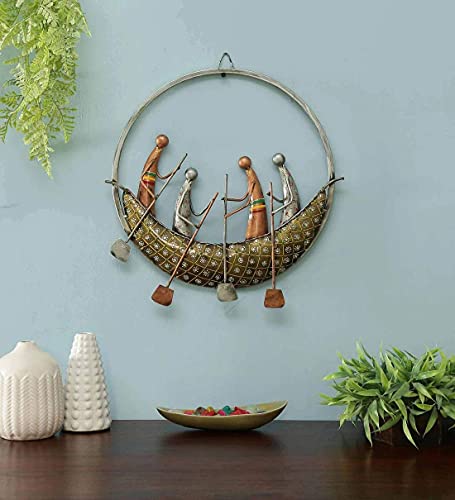 CraftVatika Metal Iron Painted Round Boat Wall Art Sculpture And Hanging Decor For Living Room And Office (Multicolor)