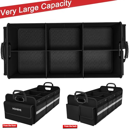 Image of Homeve Trunk Organizer, Car Storage, Reinforced Handles, Collapsible Multi-Compartment, Foldable, Waterproof, Sturdy, 600D Oxford Polyester For Car, SUV, Mini-Van, Black, 3 Compart
