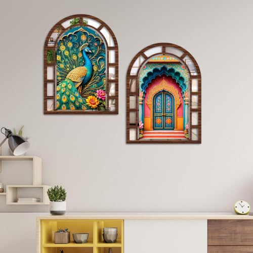 Image of Artvibes Royal Arch Theme Decorative Wall Accent |Jharokha Mirror | Wall Hanging Decor for Living Room, Bedroom, Hall, Dining Room, Foyer, Office & Entryway | Gift (WH 12023N), Set of 2