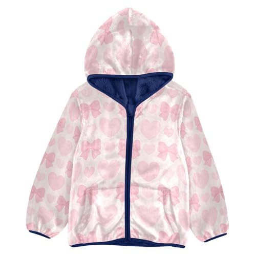 Pink Hearts and Bows Pattern Toddler Fleece Jacket Girl Boys Hooded Fleece Jacket Coat Warm Outwear Zip-up 3-10T