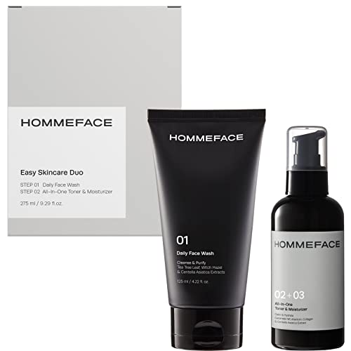 HOMMEFACE Men’s Easy Duo Skin Care Set, 2-Step Daily Routine Kit with Facial Cleanser and All-In-One Face Toner & Moisturizer for Men, For Oily & Acne-Prone Skin, 9.29 fl.oz. HOMMEFACE Men’s Easy Duo Skin Care Set, 2-Step Daily Routine Kit with Facial Cleanser and All-In-One Face Toner & Moisturizer for Men, For Oily & Acne-Prone Skin, 9.29 fl.oz.