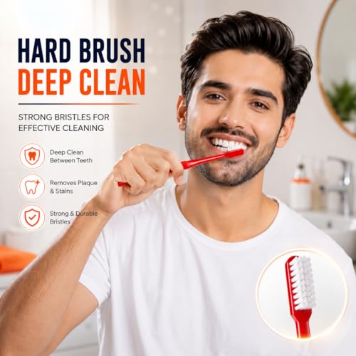 Image of MAXI Angular Hard Bristles Toothbrush with Anti-Bacterial Travel Case | Big Brush Head for Deep Plaque Removal & Stain Cleaning | Multicolor Pack of 6