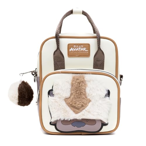 Nickelodeon Mochila transversal de couro vegano para homens e mulheres com alça ajustável, Avatar Appa Furry Face e YIP! YIP! Texto gravado caramelo, Bege, 8.0' x 11.5'
