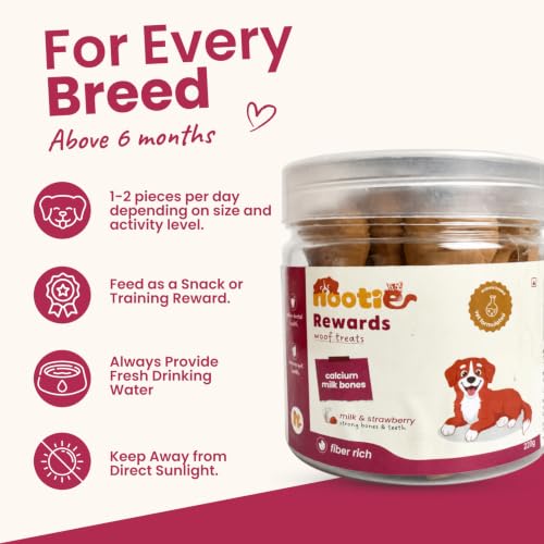 Image of Nootie Calcium Bone Dog Treats 220g | Seaweed & Goat Milk | Dental Health, Clean Teeth & Strong Gums | Milk & Strawberry | All Breeds & Puppies Above 4 Months