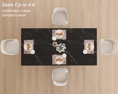 Image of HSH 55 inch Black Faux Marble Dining Table for 4, Rectangle Dining Room Table | Modern Kitchen Table with a Heavy-Duty Pedestal Base; Seats 4, Ideal For Meals, Work and Gatherings, Table Only