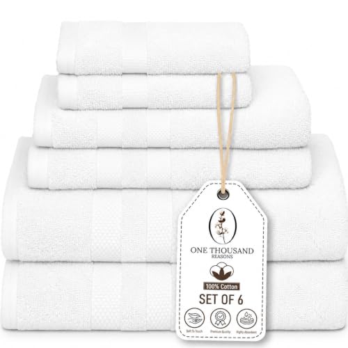 Premium Staple Cotton Bathroom Towel Set - White 600 GSM 6-Piece Luxury Bath Towel Set 3 Stripe - 2 Bath Towels 2 Hand Towels & 2 Washclothes Set - High Absorbent & Quick Dry for Gym Spa Hotel