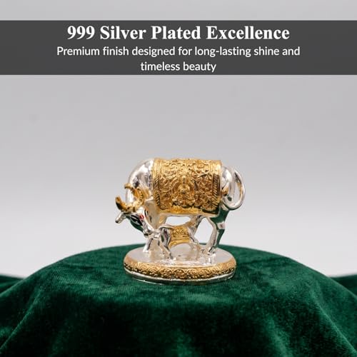 Image of 24K Gold and 999 Pure Silver Plated Kamdhenu Cow Idol - 2.5 Inch Auspicious Vastu Home Decor for Pooja Room and Mandir - Sacred Two-Tone Symbol of Prosperity and Success