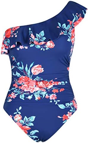 Hilor Women's One Piece Swimsuits One Shoulder Swimwear Asymmetric Ruffle Monokinis Bathing Suits Navy&Red Floral 12