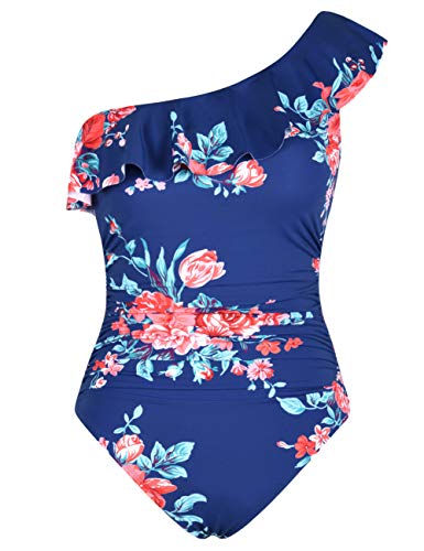 Hilor Women's One Piece Swimsuits One Shoulder Swimwear Asymmetric Ruffle Monokinis Bathing Suits Navy&Red Floral 12 #TOP24