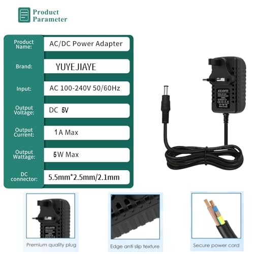 5V 1A Power Supply, UK AC 100-240V to DC 5V 1Amp Adapter with 5.5x2.5mm Plug for LED Strip Light, CCTV Camera, Router, Speaker, Hi-Fi, Tablet - Universal Wall Charger Power Adapter (Black, M)