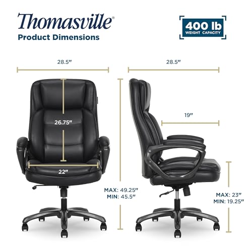 Thomasville® Lansing Big & Tall Office Chair, High-Back DeskChair, Adjustable Ergonomic Support, Vegan Leather, Semi-Plush ComfortCraft Seat Cushion Technology, Padded Headrest & Armrests, Black