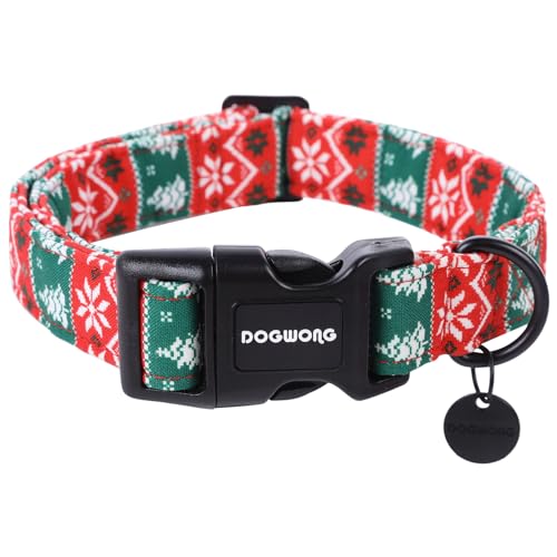 DOGWONG Christmas Cotton Dog Collar, Red Green Stripe Christmas Dog Collar Durable Soft Pet Collars Cute Red Necklace for Small Medium Large Dogs