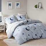 Intelligent Design Kids Cosmos Full Size Duvet Set – Blue Star and Moon Tufted Chenille, Reversible 3-Piece Bedding with Star Pillow, Full/Queen