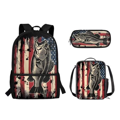 Wideasale 3 Pcs School Backpack for Girls Boys American Flag with Fish Backpack Bookbags Set with Lunch Tote Bag Pencil Case Kids School Bags Rucksack Daypack 3 In 1