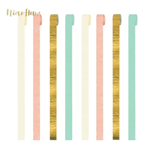 Image of NICROHOME EUR Pastel Party Decorations, 8 Rolls Mint Green Pink White Gold Crepe Paper Streamers for Wedding, Baby Bridal Shower, Engagement Party, Birthday, Valentine's Day, Easter, 82 Ft Long