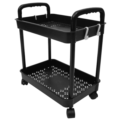 POPETPOP Chariot et Support Jusqu'à 50 Kg de Rangement à roulettes à 2 Niveaux Noir en PP avec Crochets, Grosse Capacité Couleur Aléatoire Buanderie Chambre