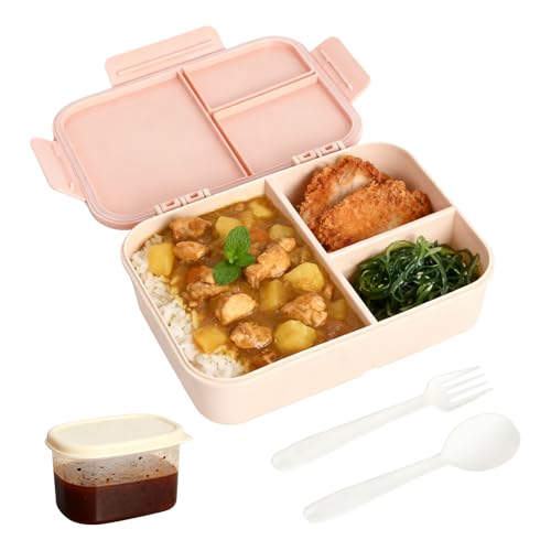 Rieoany Bento Lunch Box Boite Repas Adulte Conception Sans Fuite Boîte à Bento en Plastique pour l'école le Travail et les Pique-niques Boite a Gouter avec Trois Compartiments et des Couverts Rose