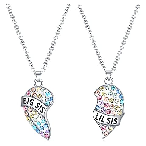 luomart Girls Sister Necklace Gifts for 2,Big Sister Little Sister Jewelry Gift for 2,Rainbow Broken Heart BFF Friendship Pendant for Teens Women (BIG SIS LIL SIS) Cover